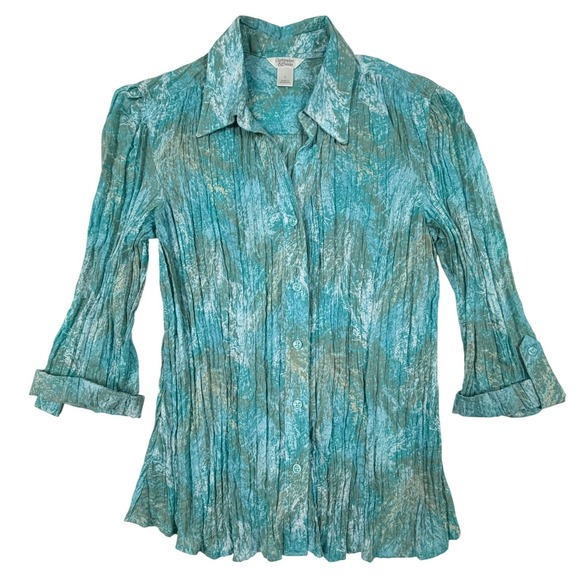 Christopher & Banks Tops - Christopher & Banks Womens Teal Green Crinkle Button Down Shirt 3/4 Sleeve Small